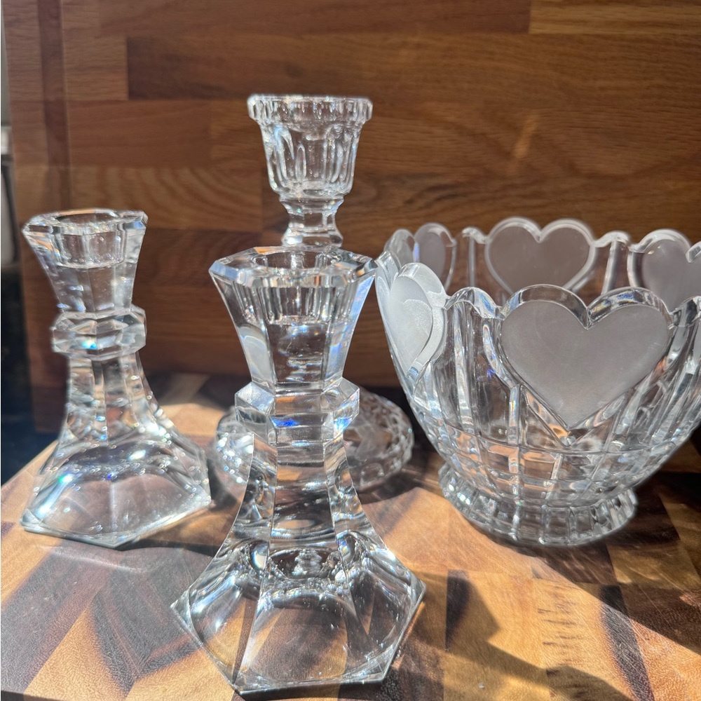 Elegant Crystal Candle Holders and Heart Bowl Set